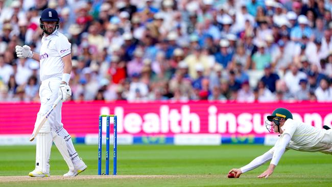 Marnus Labuschagne failed to reel in a tough catch off Ollie Robinson. Picture: Mike Egerton/PA Images via Getty Images