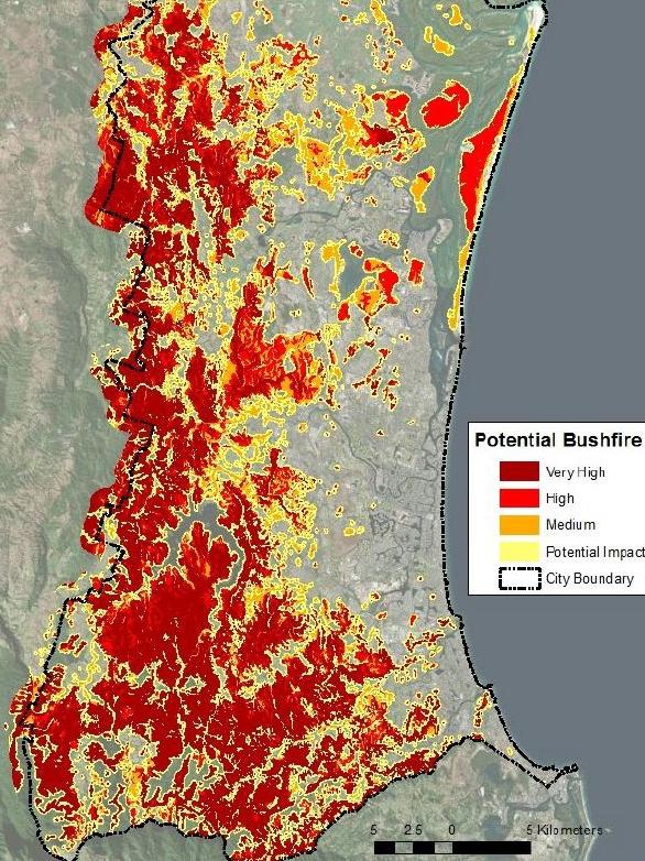 Latest bushfire hazard overlay map produced by Gold Coast City Council.