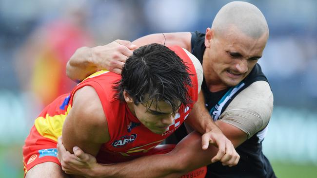 Port Adelaide midfielder Sam Powell-Pepper was penalised seven times - the most of all the Power players as Ken Hinkley’s group gave up 36 free kicks against Gold Coast at Jiangwan Stadium on Saturday. Picture: David Mariuz.