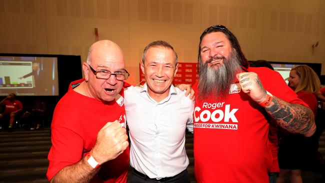 13/3/2021 Chris McMillan, WA Health Minister Roger Cook and Sean Cullen at Gary Holland Community Centre, Rockingham celebrating WA Labor election victory. Picture: Colin Murty The Australian