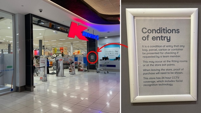 A Kmart store in Marrickville, NSW, shows a small warning about the use of facial recognition technology. Picture: Choice