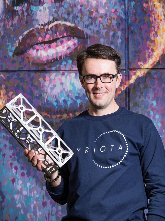 Myriota CEO Alex Grant with the nanosatellite technology. Picture: Supplied