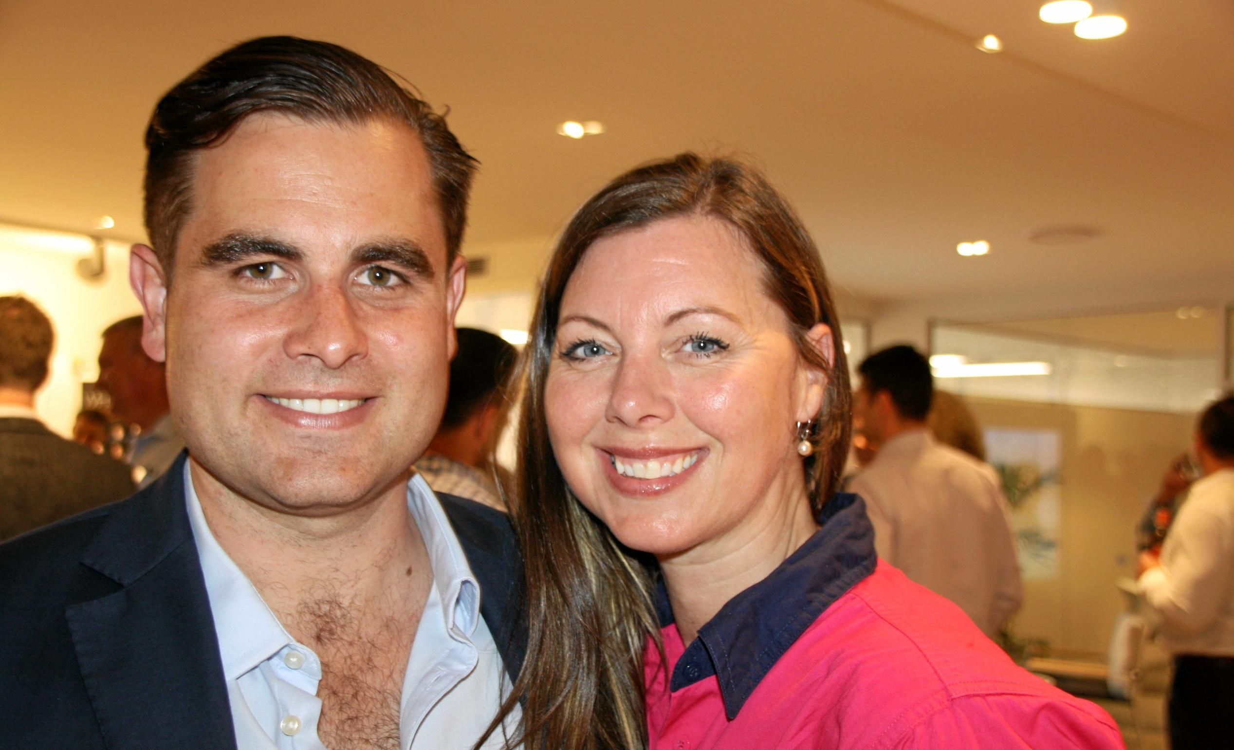 Mosaic's Marcus Muir talks with Kelly Horsfield of Hays Recruiting at the opening of Mosaic Property Group's new Sunshine Coast office in Duporth Avenue, Maroochydore. Picture: Erle Levey