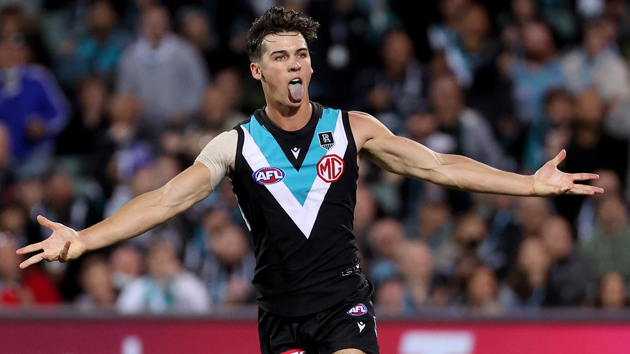 Connor Rozee celebrates a goal. Picture: AFL Photos/Getty Images