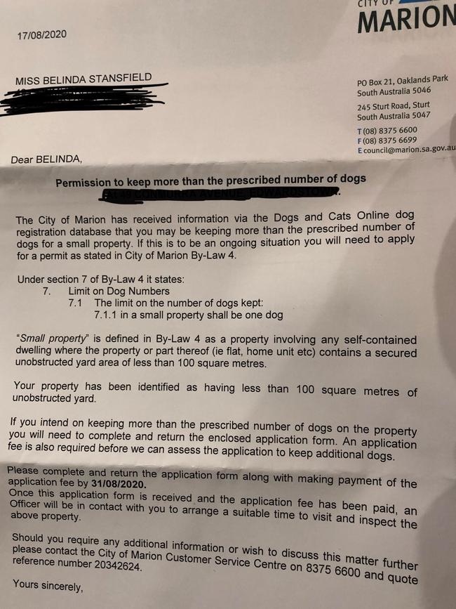 A letter sent to Marion Council resident Belinda Stansfield saying she is in breach of dog limits by having two dogs. Picture: supplied