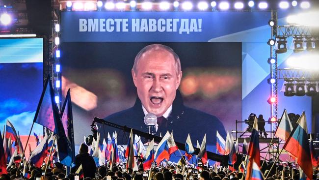 Russian President Vladimir Putin addresses a rally and a concert in Red Square marking the annexation of four regions of Ukraine. Picture; AFP