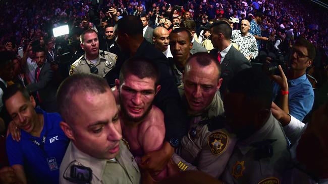 LAS VEGAS, NV - OCTOBER 06: Khabib Nurmagomedov of Russia is escorted out of the arena