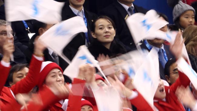 Kim Yo-jong at the hockey game between Switzerland and the unified Korean team. Picture: Ronald Martinez/Getty Images.