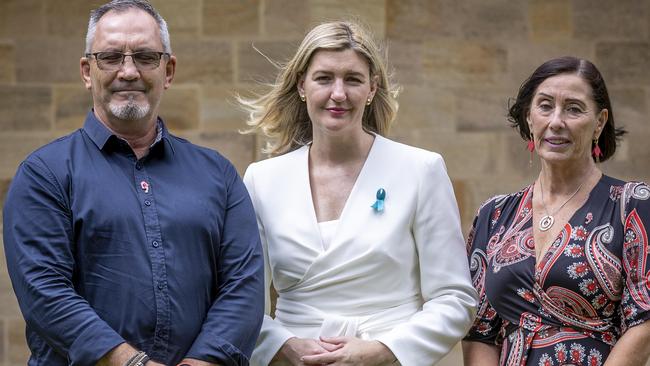 Attorney-General Shannon Fentiman joins Sue and Lloyd Clarke, parents of Hannah, at Queensland Parliament House on Friday. Picture: NewsWire/Sarah Marshall