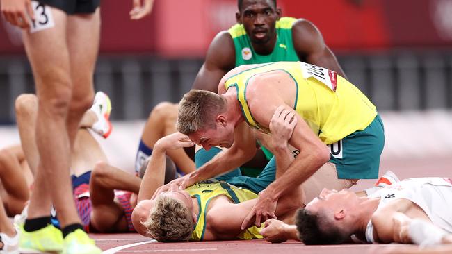 Ashley Moloney scored a bronze medal in the Men's Decathlon 1500m, his ecstasy shared by teammate Cedric Dubler. Picture: Getty