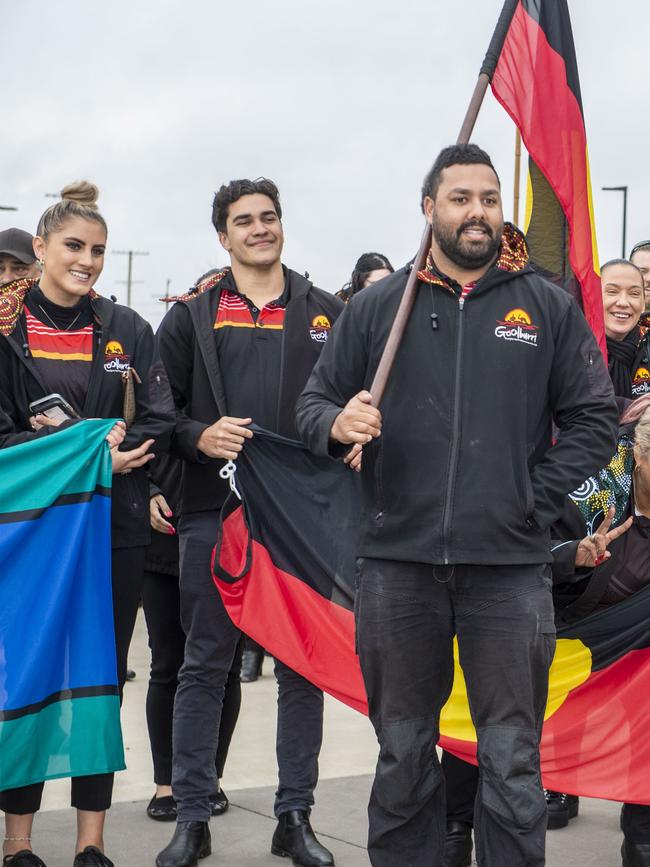 (from left) Tahnia King, Warren Draper, Nathan Gaulton and Lizzie Adams. NAIDOC Week march in Toowoomba. Monday, July 4, 2022. Picture: Nev Madsen.