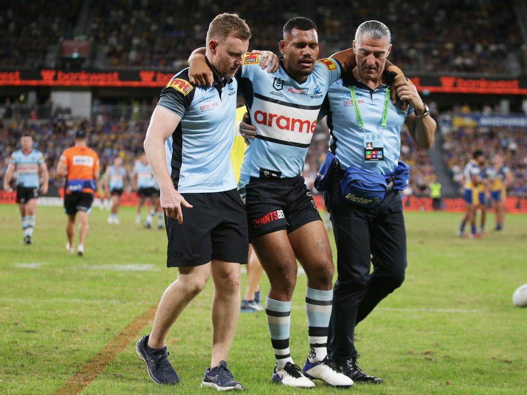 Sione Katoa had to be assisted from the field after injuring his knee against the Eels in round three. Picture: Matt King/Getty Images