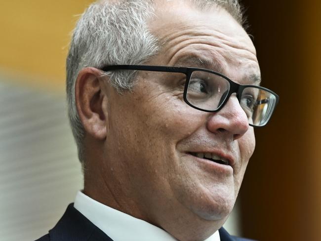 CANBERRA, AUSTRALIA - NOVEMBER 30:  Scott Morrison attends the Tony Abbott Portrait reveal in the Members Hall at Parliament House in Canberra. Picture: NCA NewsWire / Martin Ollman