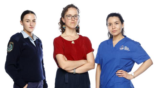 Sydney police officer Melissa Bentley, teacher Sierra Classen and nurse Melissa Suarez are among the essential workers struggling to buy property close to their work. Picture: Richard Dobson