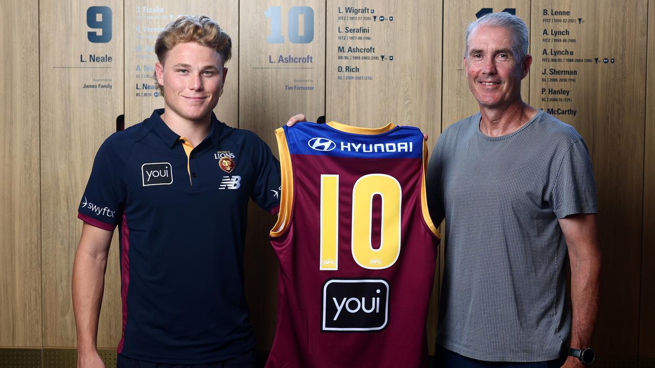 Brisbane Lions' 2024 AFL father-son draftee Levi Ashcroft will inherit the No.10 guernsey worn by his father, club legend Marcus Ashcroft. Picture: Chris Hyde/AFL Photos/via Getty Images