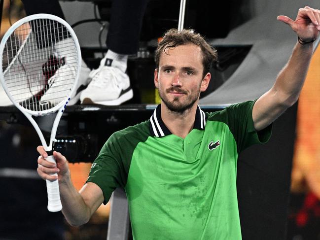 Russia's Daniil Medvedev celebrates after victory against Finland's Emil Ruusuvuori in their men's singles match on day five of the Australian Open tennis tournament in Melbourne early on January 19, 2024. (Photo by Anthony WALLACE / AFP) / -- IMAGE RESTRICTED TO EDITORIAL USE - STRICTLY NO COMMERCIAL USE --