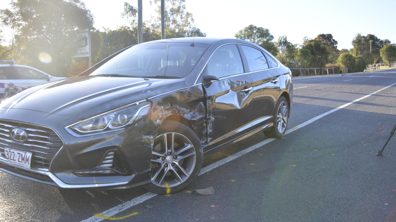 Two of four Queensland Police Service officers sustained injuries after they, and this police car, were rammed by an allegedly stolen truck. Picture: Michael Nolan