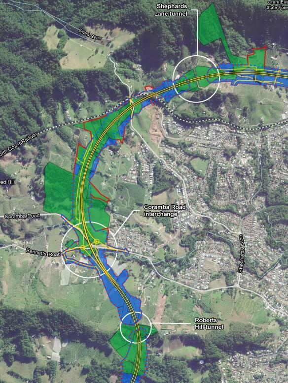 A map released in June indicating affected properties in a section of the Coffs Harbour bypass. The properties in blue are privately owned and yet to be acquired by TfNSW. The ones in green are already owned by TfNSW.