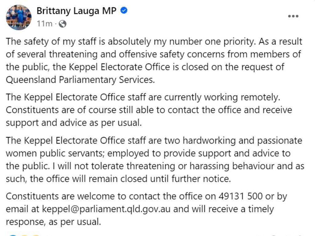 Keppel MP Brittany Lauga posted on Facebook on Tuesday, May 21 that she has closed her electorate office.