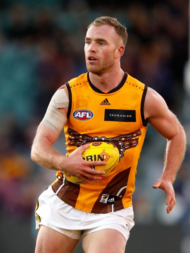 Tom Mitchell of the Hawks looks on during the 2022 AFL Round 10 match between the Hawthorn Hawks and the Brisbane Lions at UTAS Stadium on May 22, 2022 in Launceston, Australia.