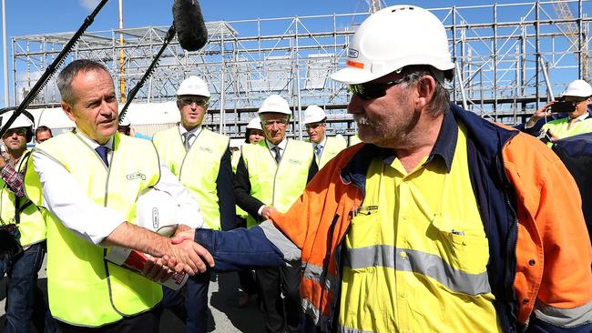 Opposition Leader Bill Shorten talking with Brian Geilman, a worker at Civmec Construction and Engineering in Perth. Picture: Kym Smith