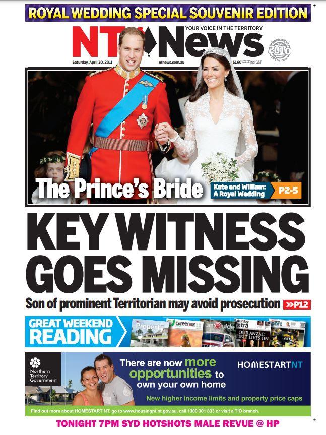 NT News front page, April 30, 2011. Kate and William’s Royal Wedding.