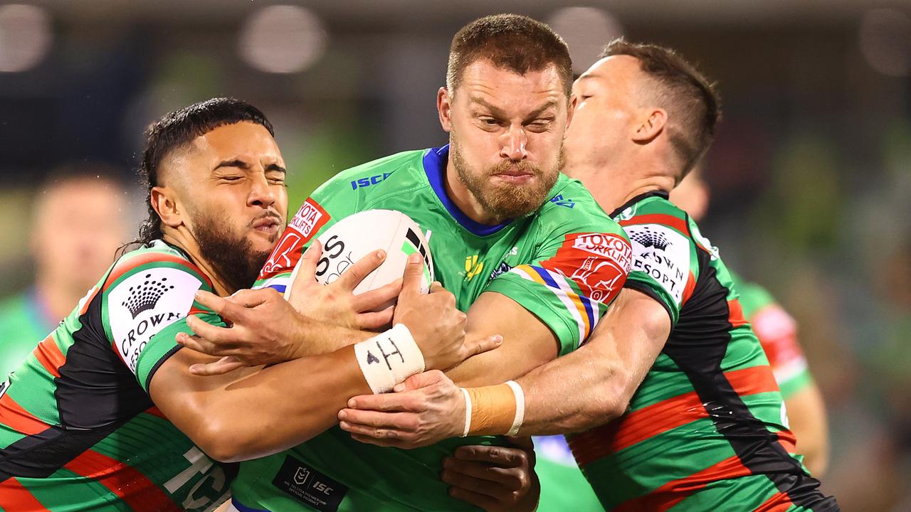 Elliot Whitehead by pulled up by the Rabbitohs defence. Picture: Getty Images