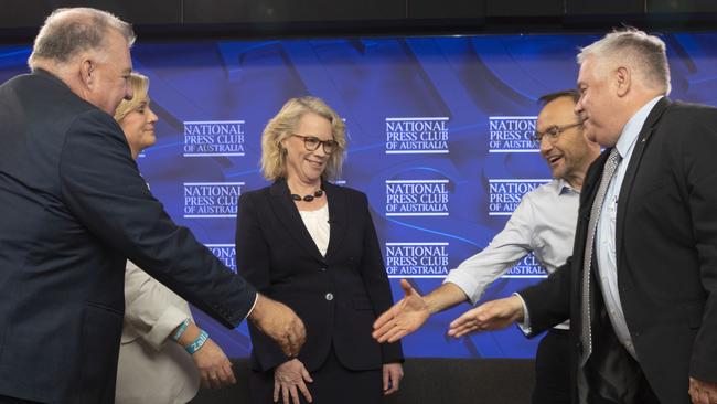 Craig Kelly, Zali Steggall, Tingle, Adam Bandt and Rex Patrick at a ‘cross bench’ forum. Picture: NewsWire/ Andrew Taylor