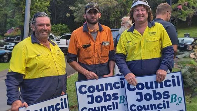 Waste collection driver Dave West, workshop employee Justin Armstrong and driver Matt Frederick during protests. Picture: Vanessa Ekins.