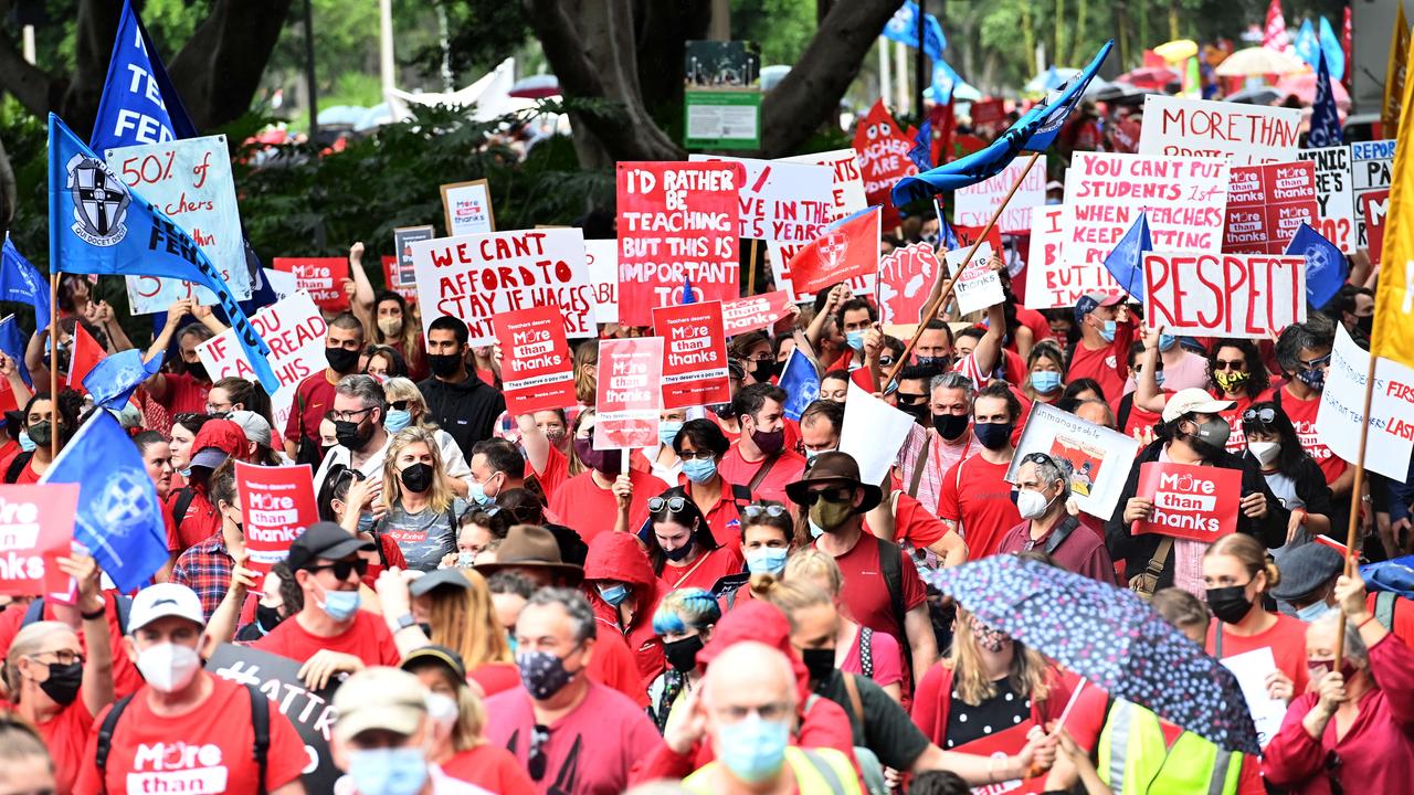 Tens of thousands of public school teachers demonstrating outside NSW parliament for better pay and working conditions during the 24 hour teachers strike back in December. Picture: NCA NewsWire / Jeremy Piper