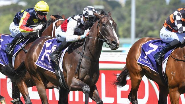 Sepals charges to victory in the CS Hayes Stakes at Flemington. Picture: Pat Scala/Racing Photos via Getty Images