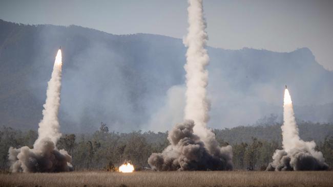 High Mobility Artillery Rocket Systems of the United States Army and United States Marine Corps launch rockets during a firepower demonstration held at Shoalwater Bay Training Area in Queensland, during Talisman Sabre 2021. Picture: Defence Imagery