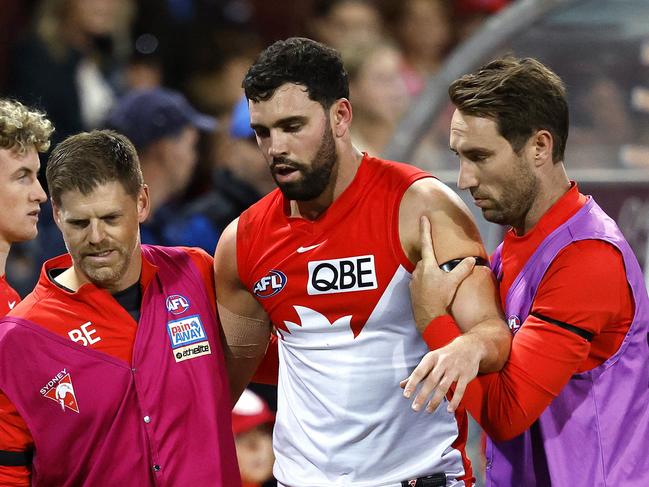 Sydney's Paddy McCartin after a head knock during the AFL Round 4 match between the Sydney Swans and Port Adelaide Power at the SCG on April 8, 2023. Photo by Phil Hillyard (Image Supplied for Editorial Use only – **NO ON SALES** – Â©Phil Hillyard )