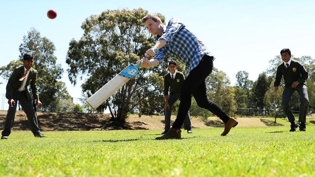 Steve Smith hits out at Baulkham Hills High School in Sydney’s west on Tuesday at an event to mark Mental Health Month. He says he still has ‘difficult days’ more than a year after the ball-tampering scandal that cost him the Australian captaincy. Picture: Brett Costello