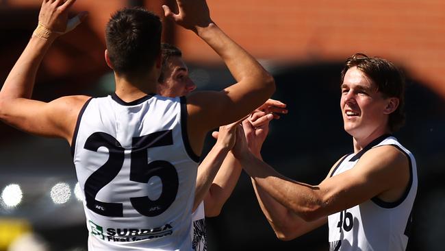 Will McLachlan celebrates a goal during the Falcons’ preliminary final. Picture: Graham Denholm/AFL Photos via Getty Images