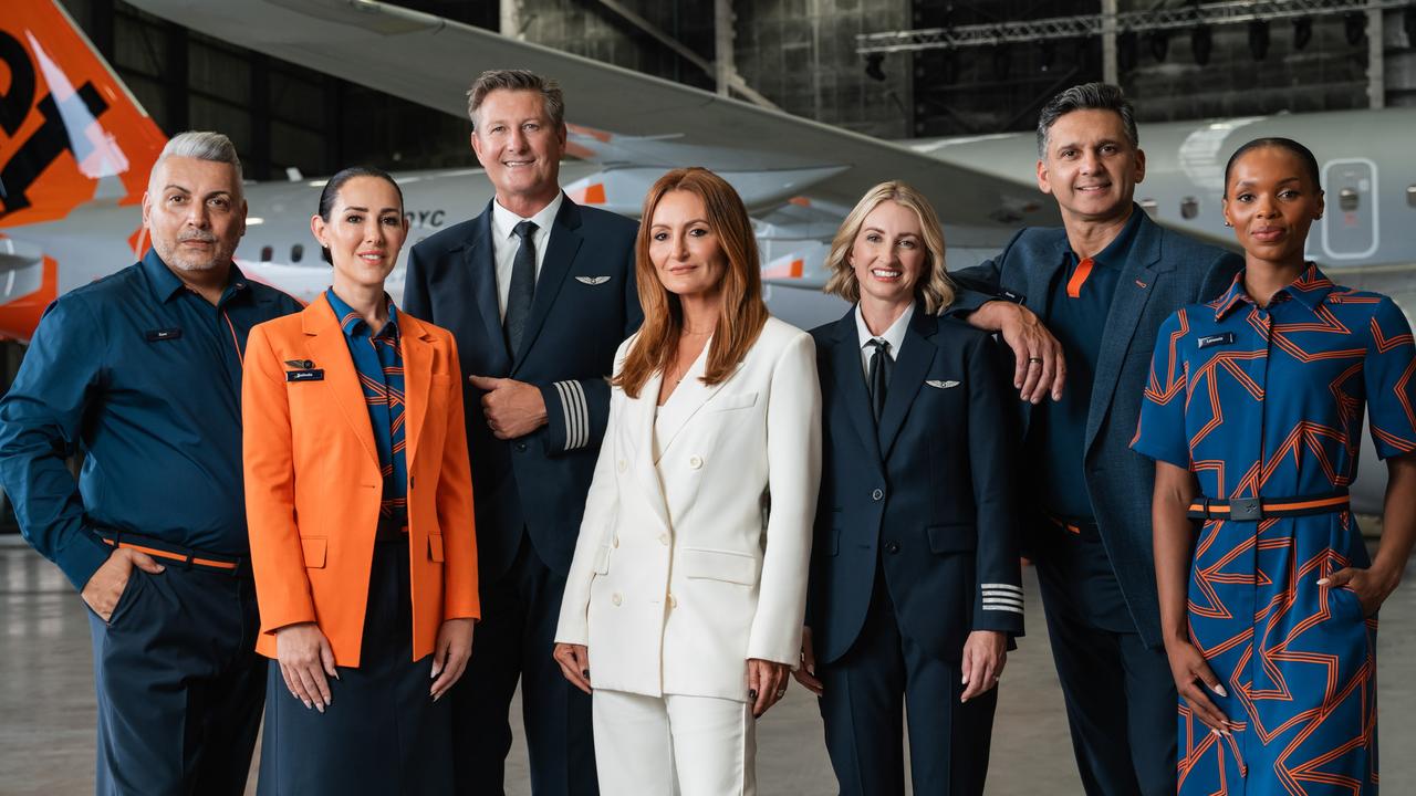 Jetstar’s smart new look for frontline workers, designed by Genevieve Smart (centre). Picture: Supplied