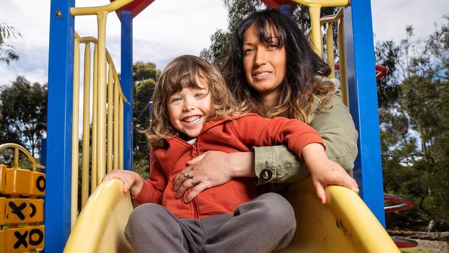 Vikashni Moyle with son, Fox, 3. The Melbourne mum says she notices a big difference in her mood after spending time gardening outside. Picture: Mark Stewart