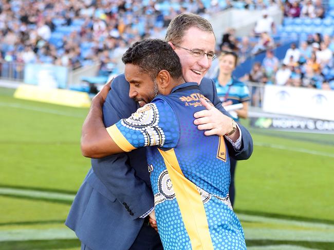 Titans have named one of the stands at Cbus Super Stadium after club legend Preston Campbell. Photo of him with Graham Annesley. Picture: Richard Gosling