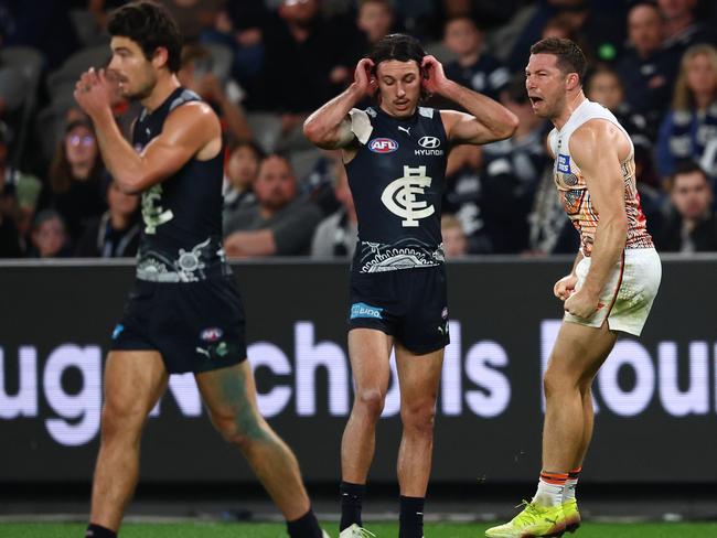 MELBOURNE, AUSTRALIA - MAY 24: Toby Greene of the Giants celebrates a goal during the round 11 AFL match between Carlton Blues and Greater Western Sydney Giants at Marvel Stadium, on May 24, 2025, in Melbourne, Australia. (Photo by Morgan Hancock/Getty Images)