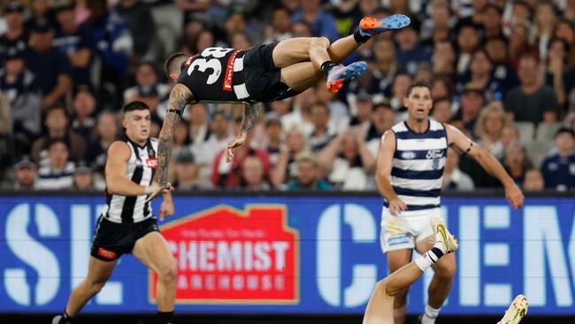 Jeremy Howe went flying through the air. (Photo by Michael Willson/AFL Photos via Getty Images)