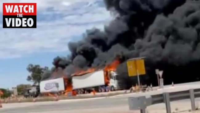 Trucks burst into flames at SA/WA COVID checkpoint (7NEWS)