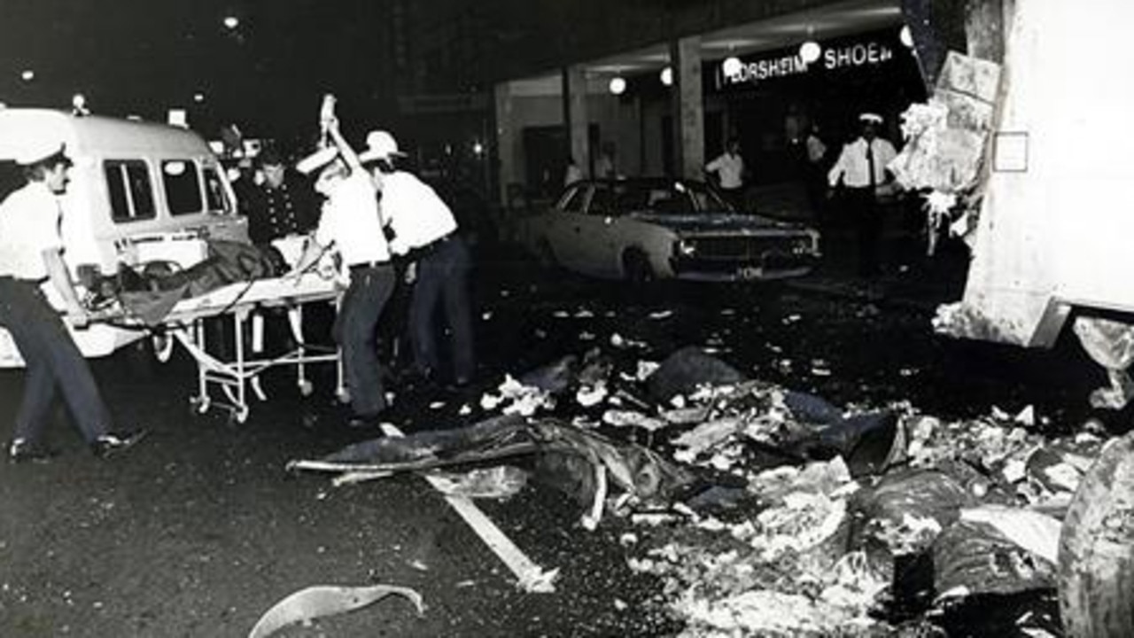 The scene of the Hilton Hotel bombing on George Street, Sydney, in 1979.