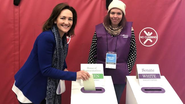 Georgina Downer voting at Stirling East Primary School on Saturday. Picture: Ashleigh Pisani