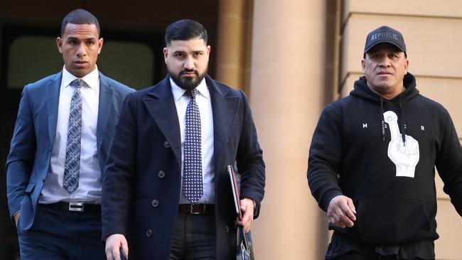 Will Hopoate, lawyer Mahmoud Abbas and John Hopoate walking out of Sydney Central Local Court. Picture: NCA NewsWire / Christian Gilles