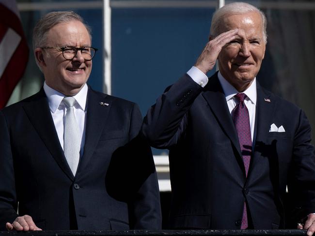 Anthony Albanese and Joe Biden during a welcoming ceremony at the White House in Washington. Picture: AFP