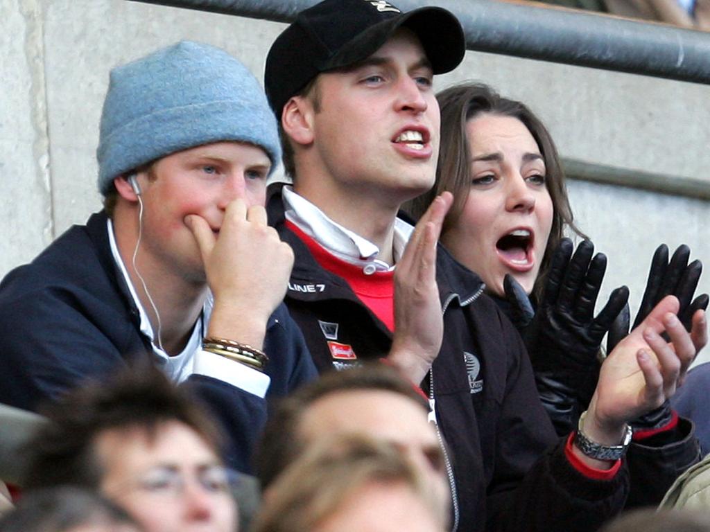 Prince William, centre, his then-girlfriend Kate Middleton and brother Prince Harry watch an England versus Italy Six Nations rugby match in 2007. Picture: AP