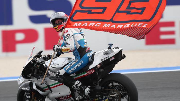 Marc Marquez celebrates during MotoGP World Championship Stop 13 at Misano circuit in Italy on September 8, 2024. (Gold and Goose/Getty Images/Red Bull Content Pool)