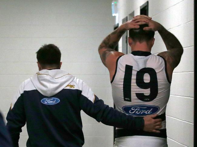 Sydney isn’t the first football club to support players with mental health problems. Earlier this year Geelong coach Chris Scott was seen consoling Mitch Clark after a match. Picture: Michael Willson/AFL Media