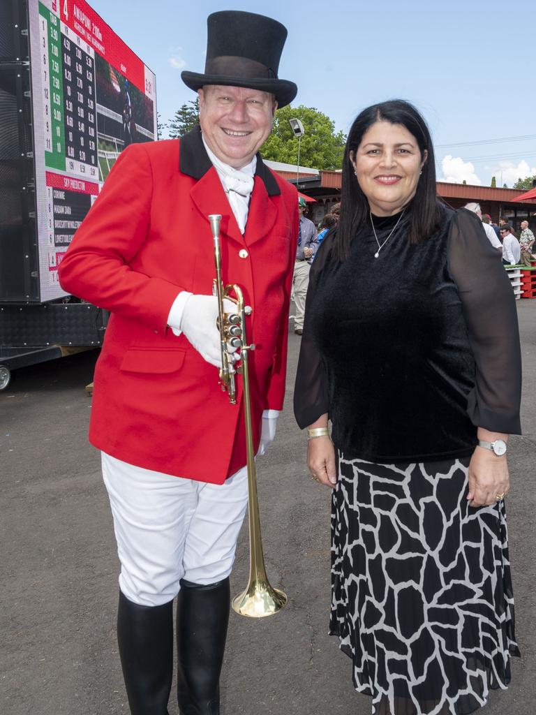 The Brisbane Bugler, Ross Stevenson and Grace Grace MP at the 2022 Weetwood Handicap race day at Toowoomba Turf Club. Picture: Nev Madsen.