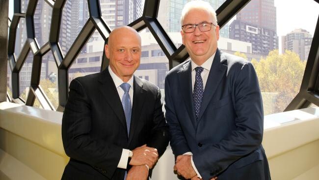 Andy Vesey and Graeme Hunt at AGL’s AGM in Melbourne yesterday. Picture: Stuart McEvoy.